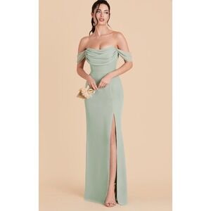 New Birdy Grey Dress Mira Chiffon Maxi Long Sage Slit Cowl Neck Drape Bridesmaid